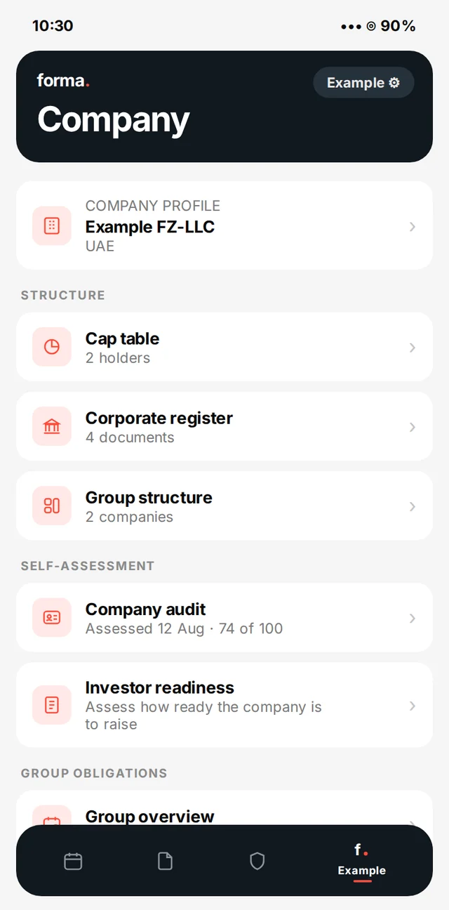 The “Company” screen in forma. on iPhone: cap table, register, group of companies