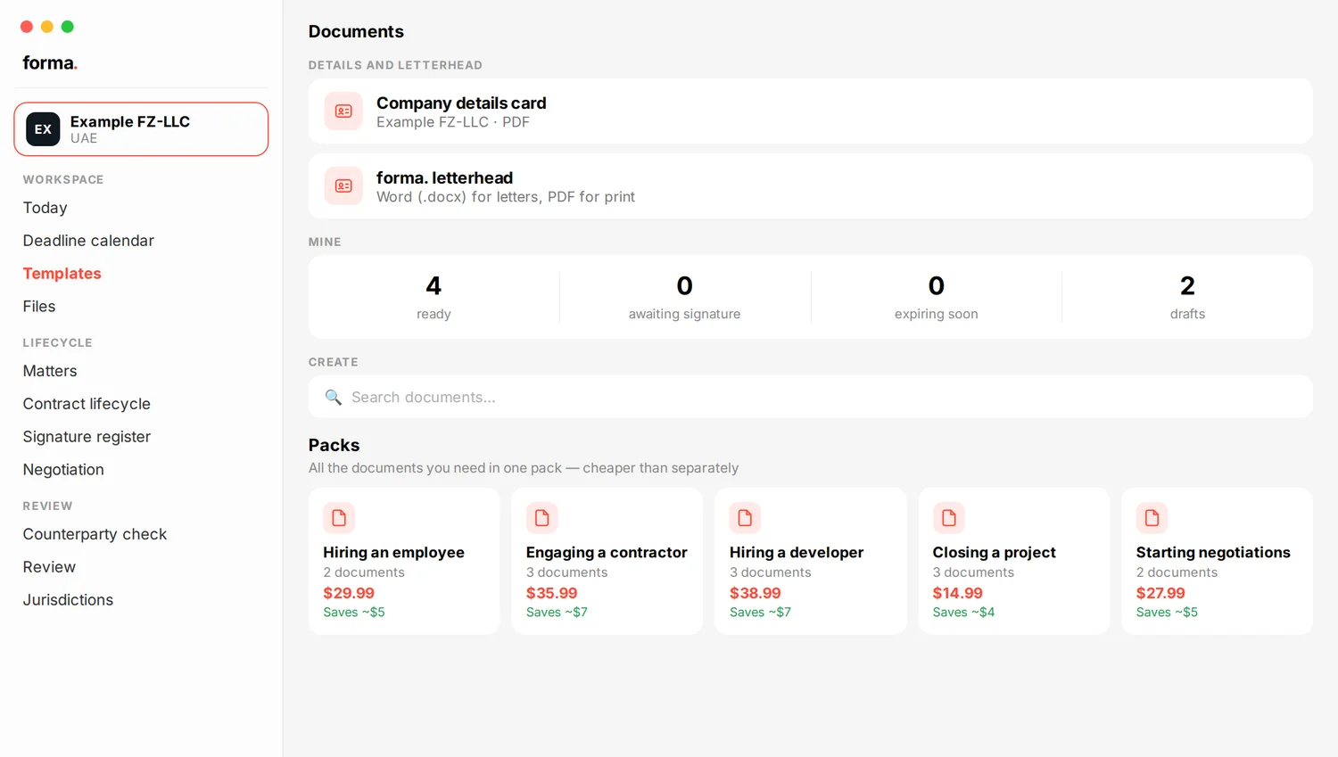 forma. on Mac: document catalog, company details and packs with prices