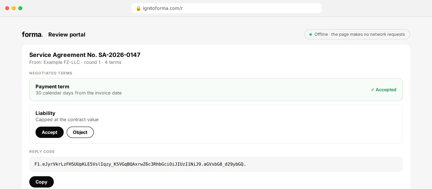 The forma. review portal in a browser: contract terms, verdicts and the reply code