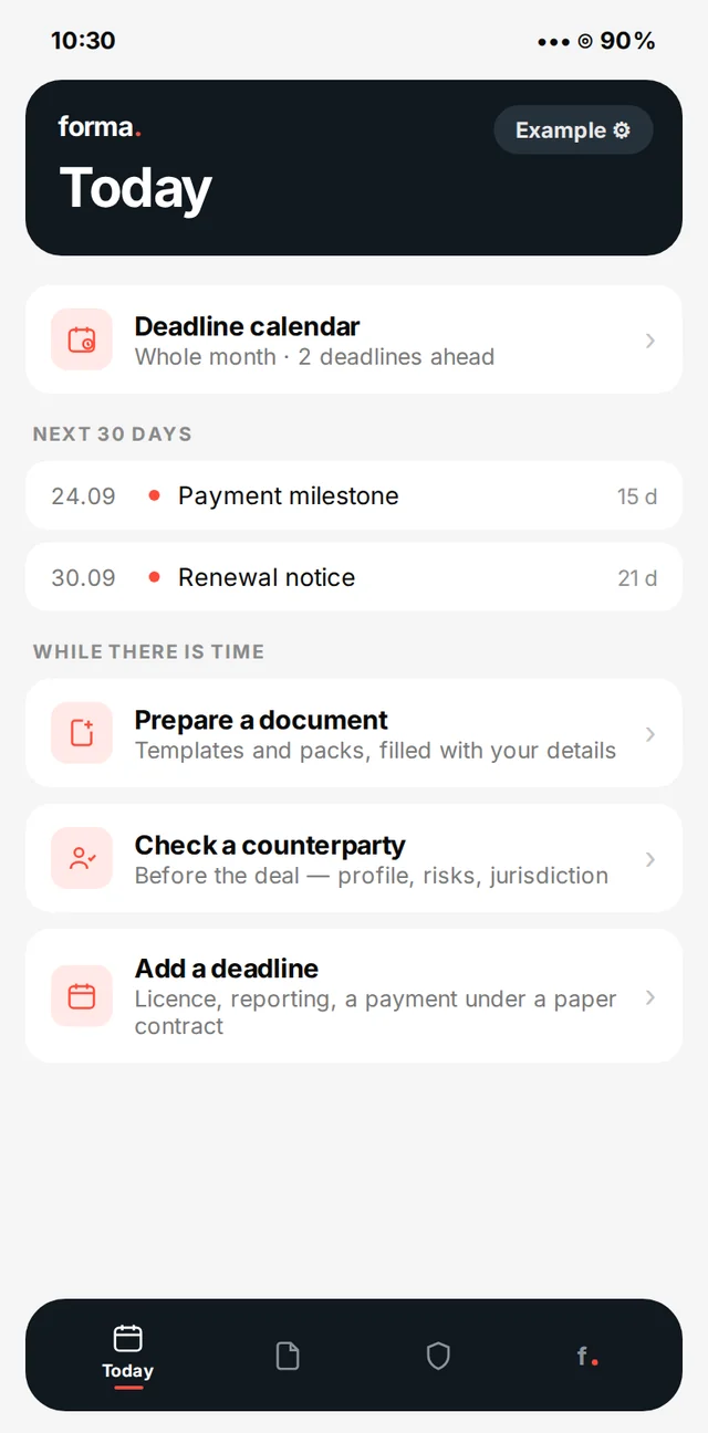 The “Today” screen in forma. on iPhone: deadline calendar and upcoming obligations